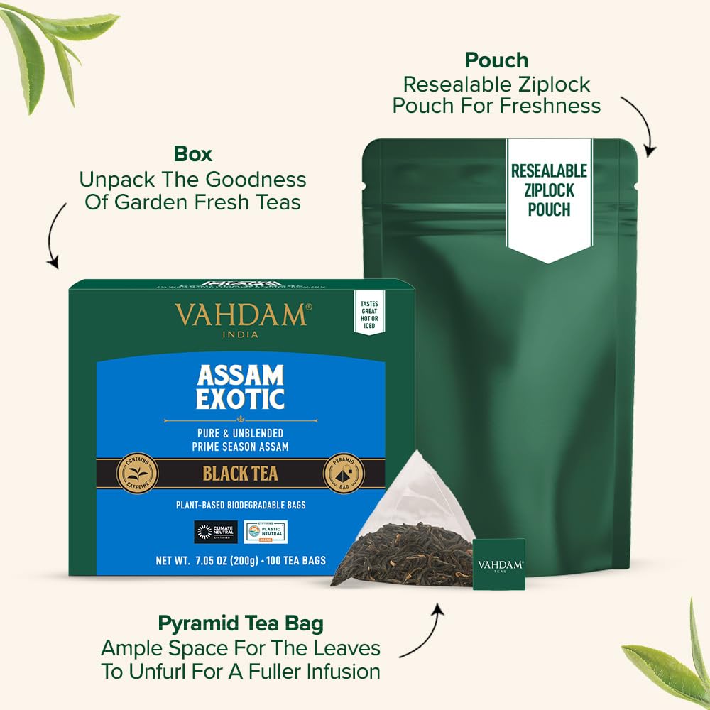 VAHDAM, Assam Exotic Black Tea Bags (100 Count) High Caffeine, Gluten Free, Full Bodied | Pyramid Tea Bags | Strong, Robust & Flavoury | Direct from Source