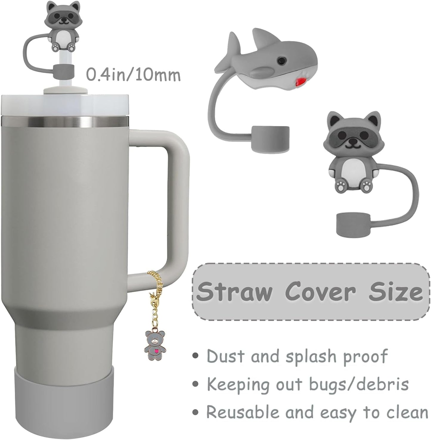 Stanley Cup Accessories Set,Including 2 Pcs 0.4in Straw Cover, 1 Silicone Spill-Proof Stopper, 1 Cute Handle Charm, 1 Silicone Boot Fits Stanley 40&30 Oz Tumbler (Grey)