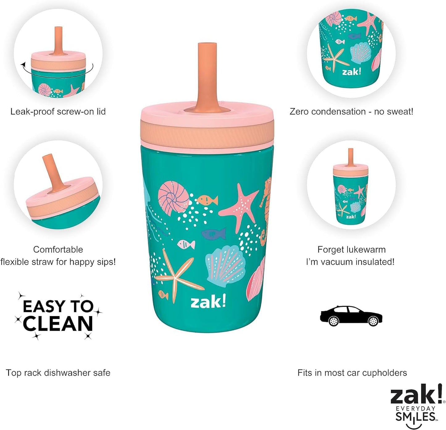 Zak Designs Shells Kelso Tumbler Set, Leak-Proof Screw-On Lid with Straw, Bundle for Kids Includes Plastic and Stainless Steel Cups with Bonus Sipper (3pc Set, Non-BPA) (Pack of 12)