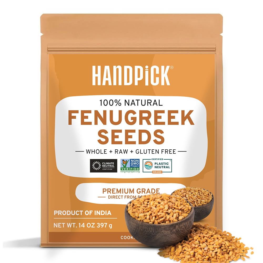 HANDPICK Fenugreek Seeds (14oz) ALL NATURAL Fenugreek - Indian Origin Whole Methi Seeds (Trigonella Foenum Graecum) Fenogreco En Semillas | Resealable Ziplock Pouch