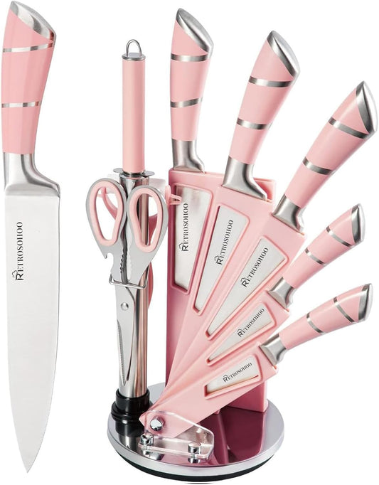 Kitchen Knife Set, Retrosohoo 9-Pieces Pink Sharp Non-Stick Coated Chef Knives Block Set,Stainless Steel Knife Set for Kitchen with Sharpener for Cutting Slicing Dicing Chopping (Pink)