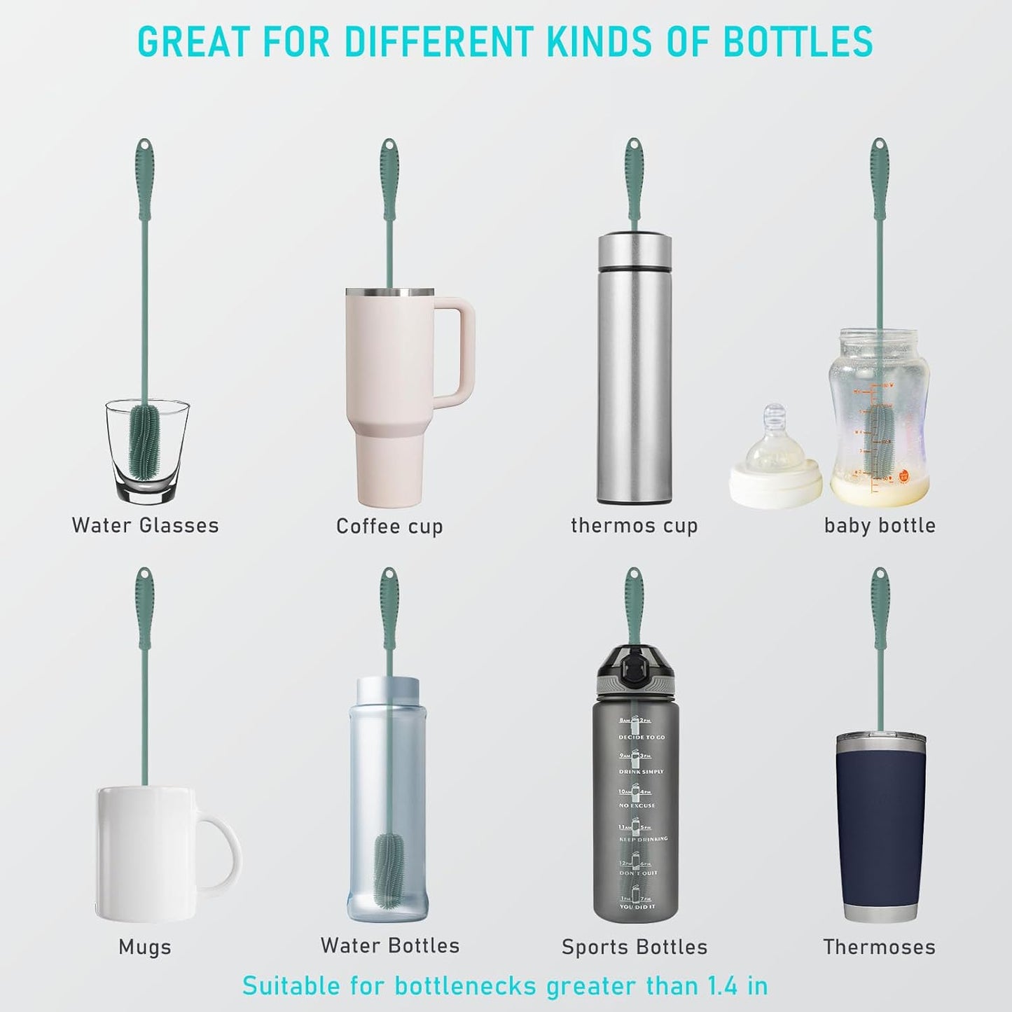 15.7" Silicone Bottle Brush, ddLUCK Water Bottle Cleaner Brush for Stanley, Hydroflasks, Glass, Thermos Sports Bottle, Vase and Glassware, Bottle Brush Cleaner for Small Narrow Neck Containers (Green)