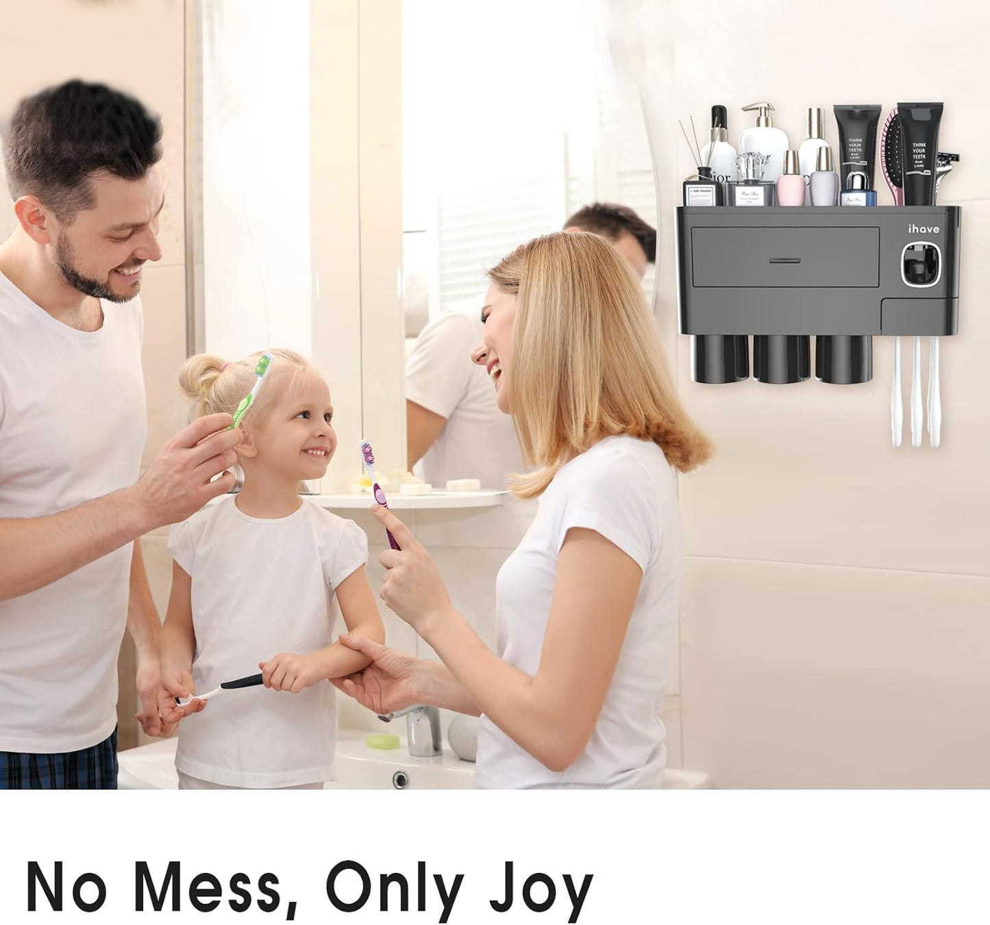 iHave Toothbrush Holders for Bathrooms, 3 Cups Toothbrush Holder Wall Mounted with Toothpaste Dispenser - Large Capacity Tray, Cosmetic Drawer - Bathroom Organizer & Bathroom Organization and Storage