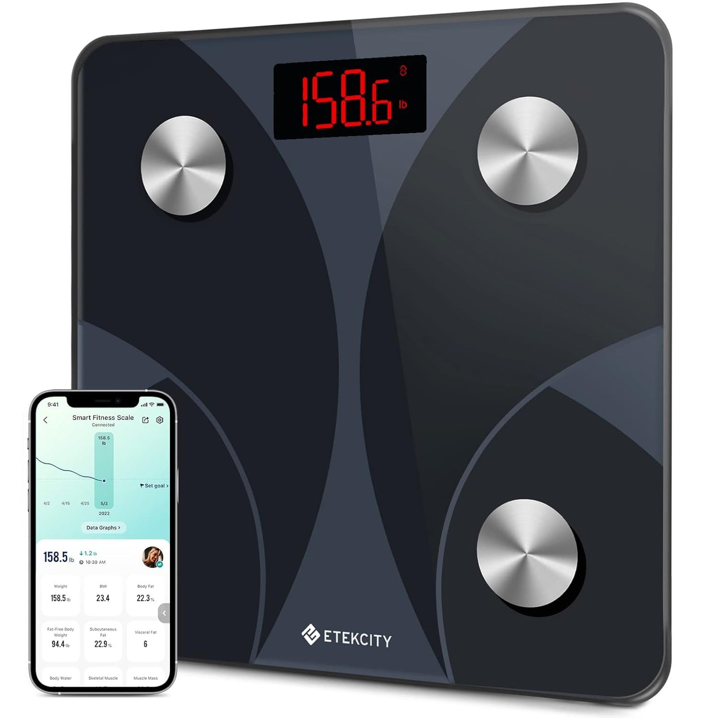 Etekcity Scale for Body Weight and Fat Percentage, FSA&HSA Eligible, Smart Digital LED Bathroom BMI Measurement, Accurate Bluetooth Weighing Machine, Body Composition Analyzer, Ash-black, 400lb