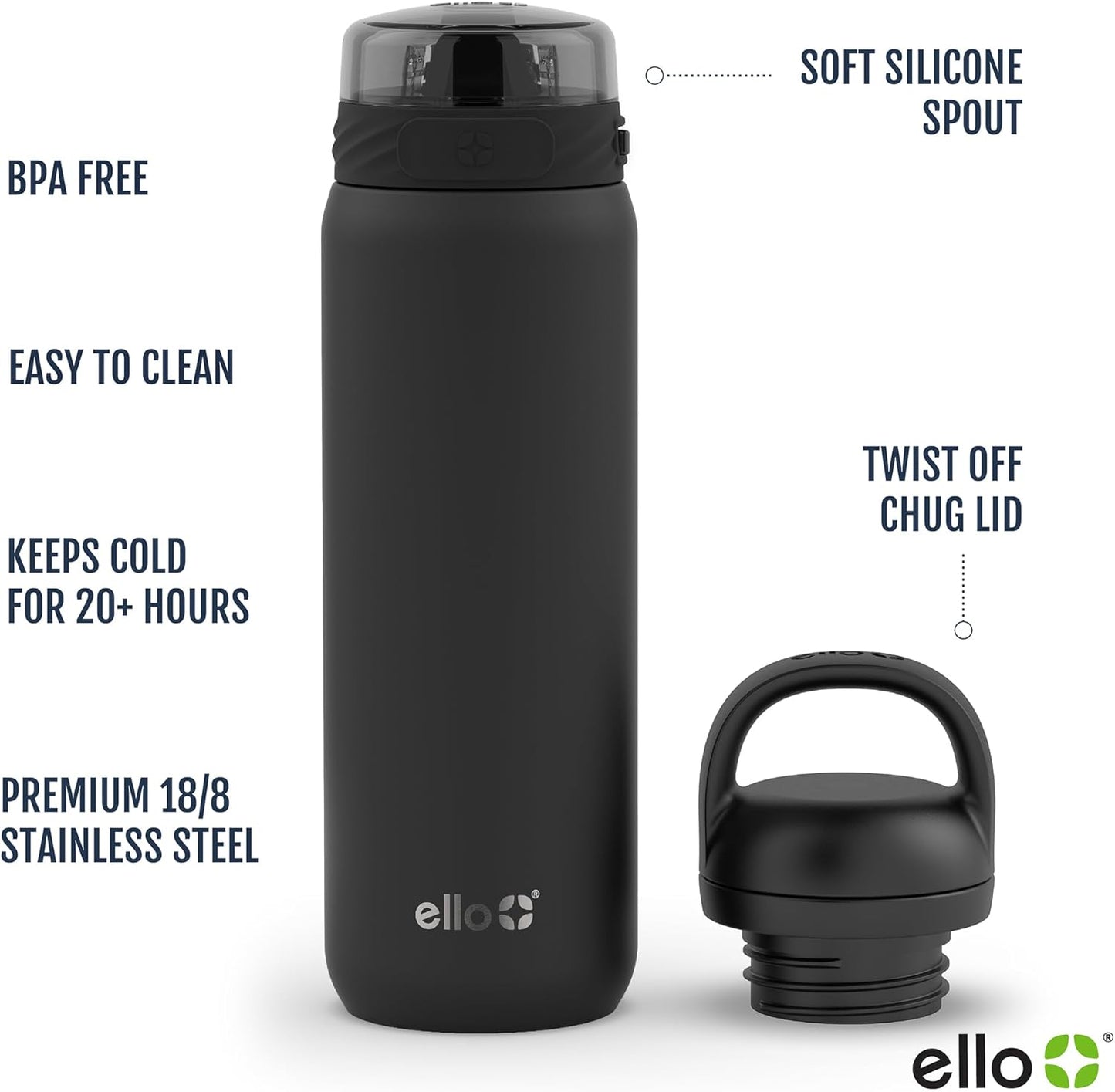 Ello Cooper 22oz Stainless Steel Water Bottle with 2 Lids Chug and Straw | Leak Proof Double Walled and Vacuum Insulated | Fits Car Cupholder | Built in Carry Loop | Dishwasher Safe | Antigua