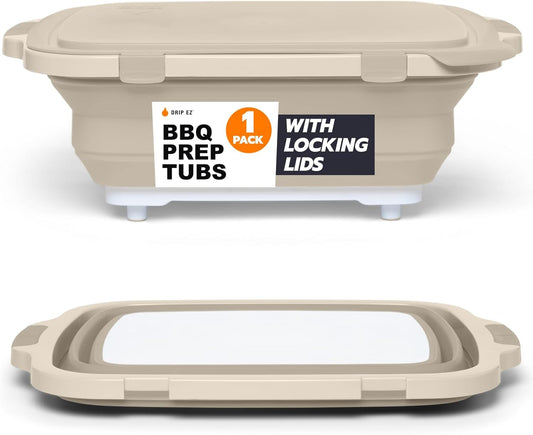 Drip EZ Collapsible BBQ Prep Tub - For Meal Prep, Marinating, Food Storage - Includes Cutting Board & Locking Lid - (1) OG - Sandstone