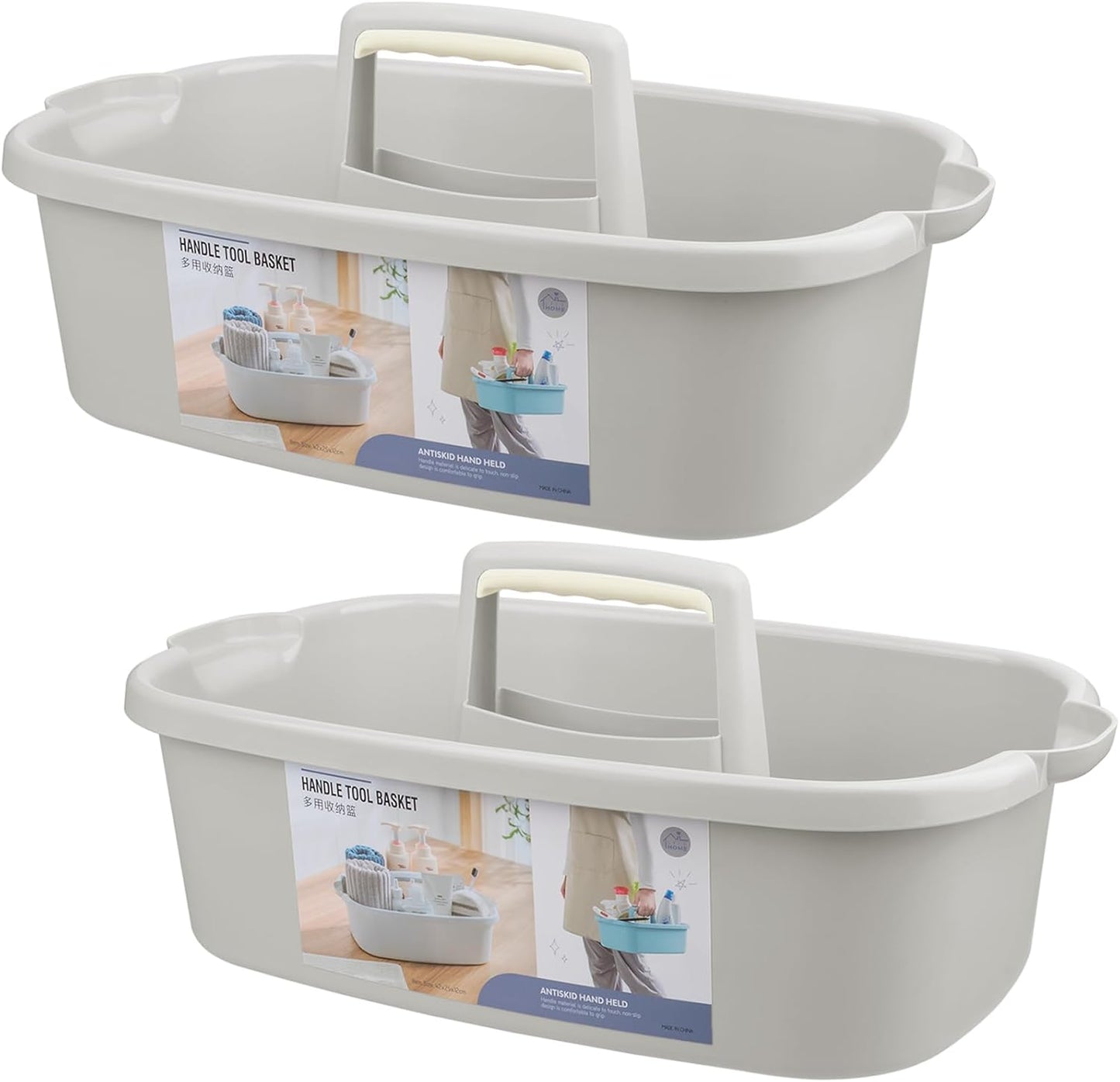JiatuA Large Cleaning Supplies Caddy Portable Shower Basket Supply Organizer with Handle Plastic Bucket Tool Storage for Bathroom, Bedroom, Kitchen, College Dorm, Garden, Light Gray 2 Pack