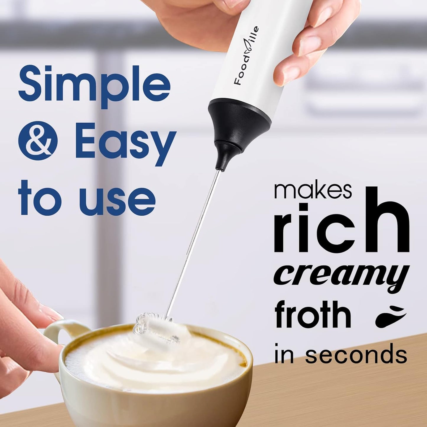 MF05 Rechargeable Milk Frother USB Charging Handheld Foam Maker with Stainless Balloon Whisk for Cappuccino, Latte, Bulletproof Coffee, Keto Diet, Protein Powder, Matcha (White)
