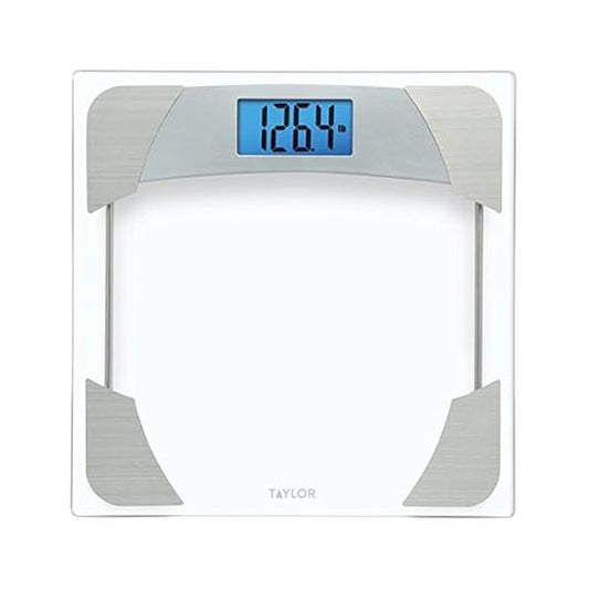 Taylor Digital Scales for Body Weight, Highly Accurate 400 LB Capacity, Unique Blue LCD, Stainless Steel Accents Glass Platform, 12.2 x 12.2 Inches, Clear