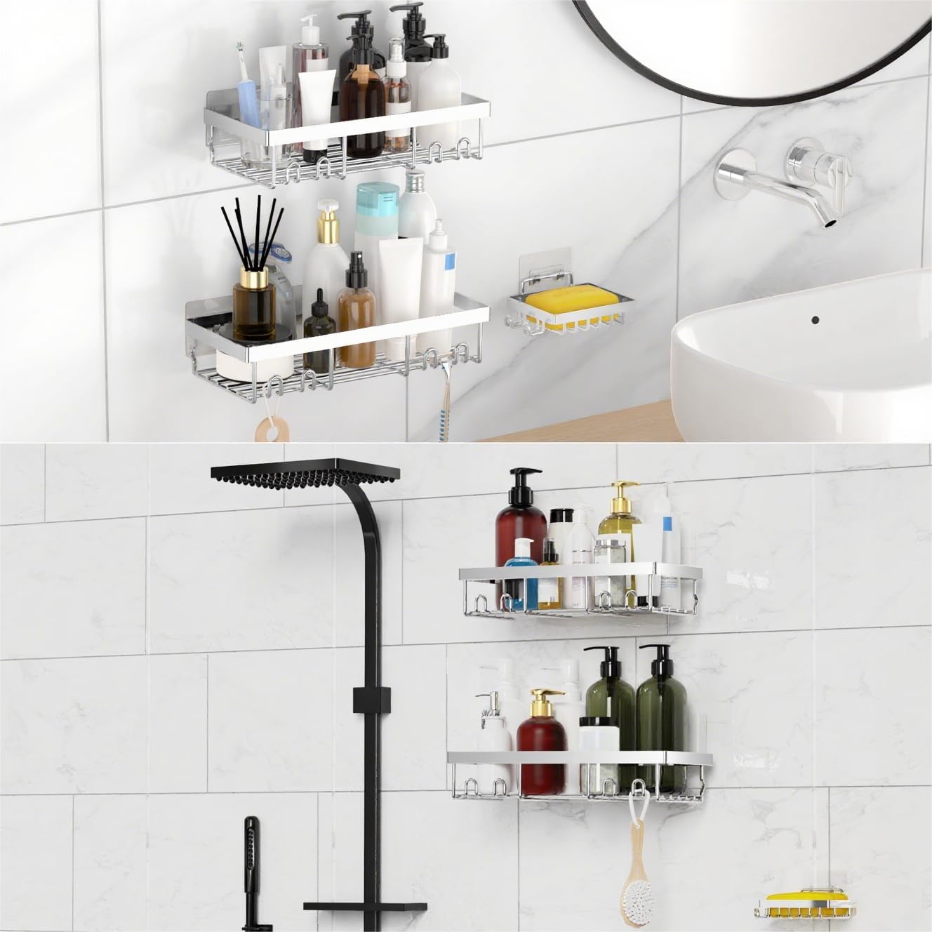 Moforoco 3-Pack Shower Caddy Basket Shelf with Soap Holder, No Drilling Traceless Adhesive Shower Wall Shelves, Rustproof Silver Bathroom Shower Storage Organizer