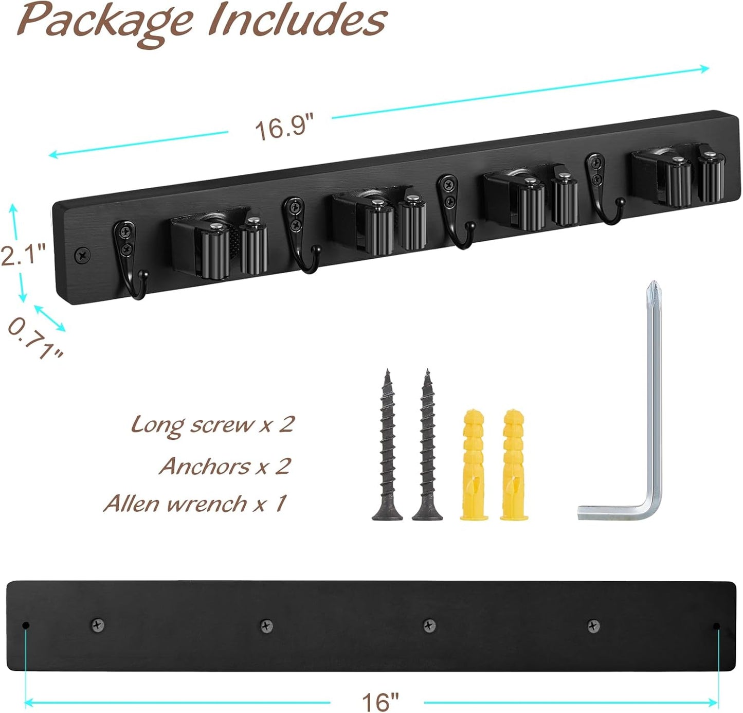 Black Mop Broom Holder Wall Mount with 4 Slots & 4 Hooks - Rustic Wood Broom Mop Hanger for Pantry Closet Laundry Room Organization - Heavy Duty Garden Tool Organizer - Black Kitchen Decor