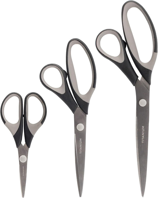 BambooMN Titanium Softgrip Scissors Set for Sewing, Arts, Crafts, Office - 3 Sets of 3 - Black w/Grey Inlays