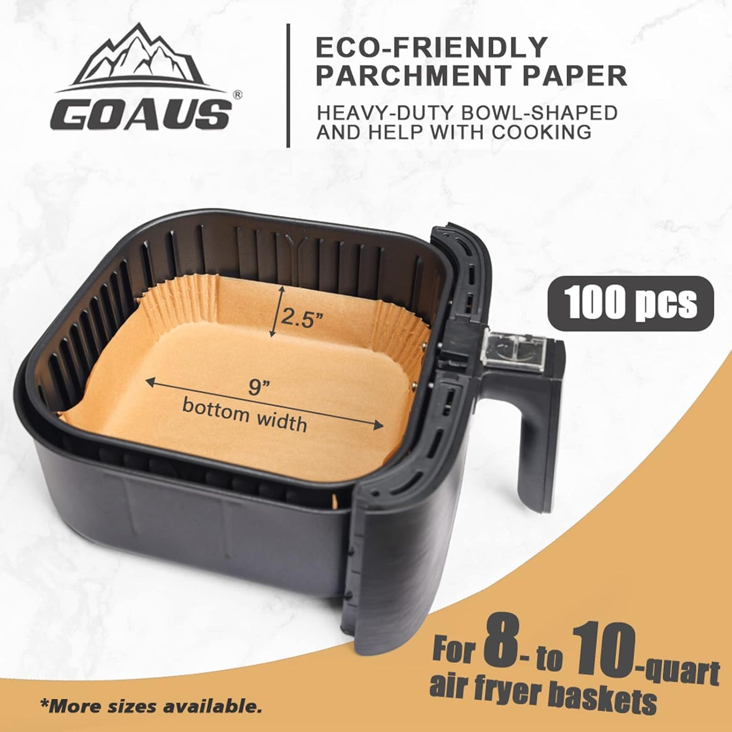 GOAUS Air Fryer 100 Pcs Square Paper Liners Disposable Extra Large for 8 Qt or Above Basket, 9 inch Unbleached Non-stick Parchment Paper