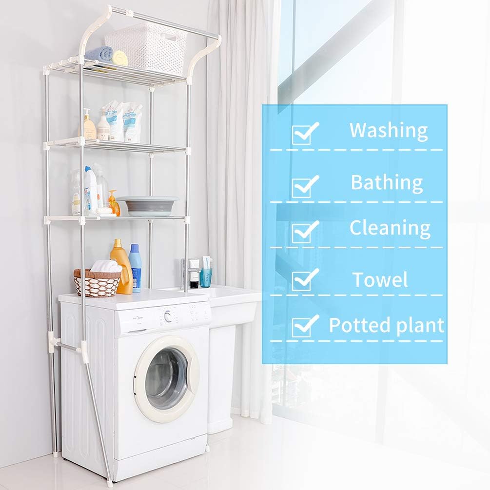 BAOYOUNI Adjustable Laundry Shelf Over Toilet Washing Machine Storage Rack Above Washer Dryer Standing Bathroom Organizer 3-Tier Space Saving Shelving Units, Ivory