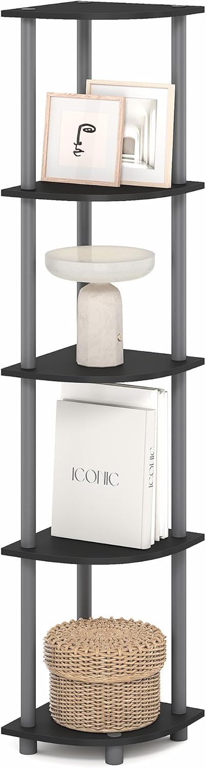 Furinno Turn-N-Tube Corner Shelf, 5-Tier Corner Bookshelf, Open Storage Shelves, for Organization and Storage, Living Room, Home Office, Garage, Bedroom, Plain Black