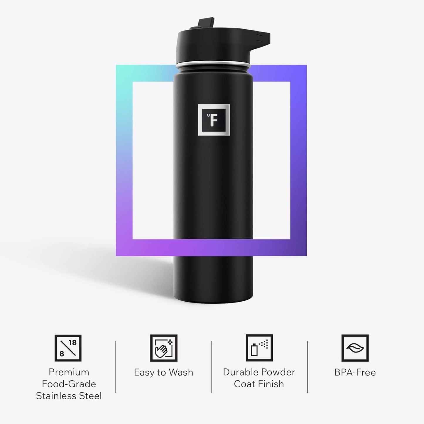 IRON °FLASK Camping & Hiking Hydration Flask with Straw, Wide Mouth Insulated Stainless Steel Sports Water Bottle - 22 oz Dark Rainbow