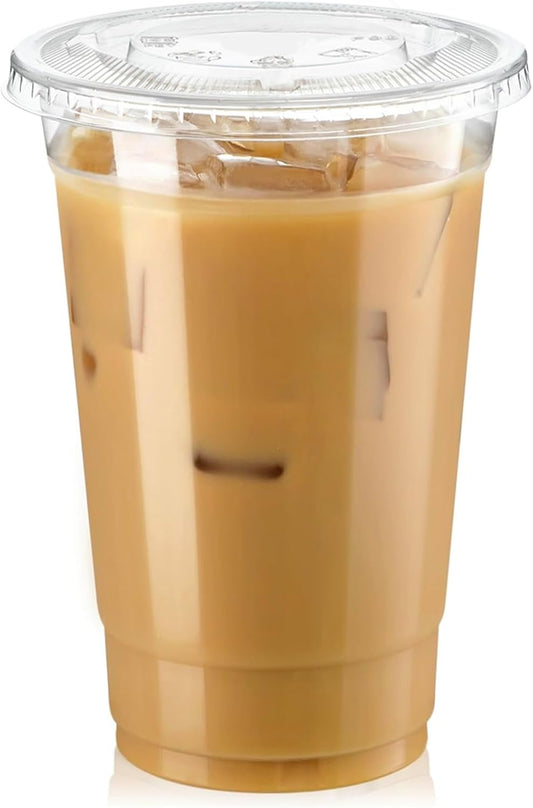 Fit Meal Prep 100 Pack 20 oz Clear Plastic Cups with Flat Lids, Disposable Iced Coffee Cups, BPA Free Premium Crystal Smoothie Cup for Party, Lemonade Stand, Cold Drinks, Juice, Milkshake