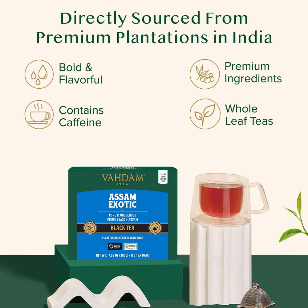 VAHDAM, Assam Exotic Black Tea Bags (100 Count) High Caffeine, Gluten Free, Full Bodied | Pyramid Tea Bags | Strong, Robust & Flavoury | Direct from Source