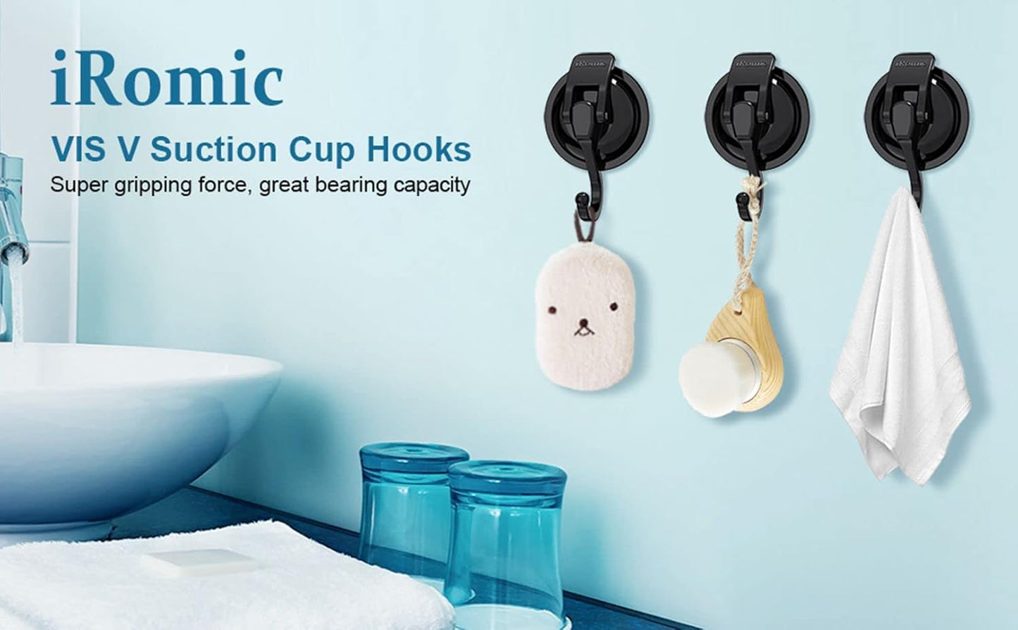 Heavy Duty Vacuum Suction Cup Hooks (2Pack) for Shower,Glass Window,Kitchen&Bathroom&Restroom Organization,Black.