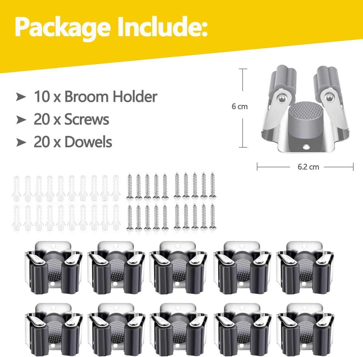 Verdenu 10 Pack Broom Holder Wall Mount, Mop and Broom Holder Wall Mount, Stainless Steel Command Broom Holder with Screws, Garden Tool Storage Organizer for Kitchen, Home, Bathroom, Garage, Grey