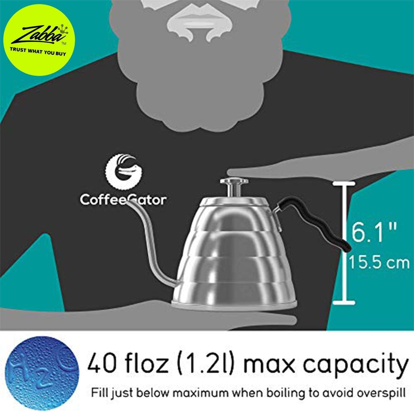 Coffee Gator Gooseneck Kettle with Thermometer - 34oz Premium Stainless Steel Pour Over Coffee Maker Kettle, Stove Top, w/Precision Drip Spout, for Drip Coffee, French Press, Tea Kettle, 4 Cup, 1L