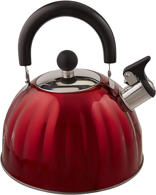 Mr. Coffee Twining 2.1 Quart Pumpkin Shaped Stainless Steel Whistling Tea Kettle, Metallic Red