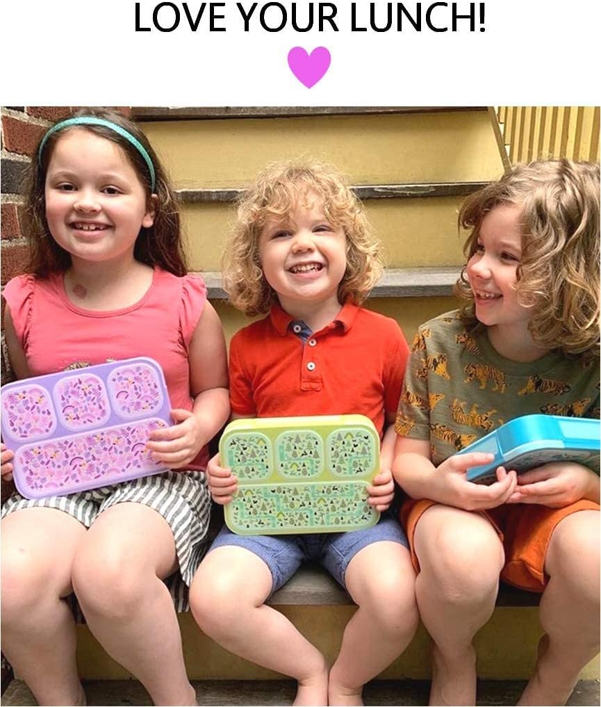 kinsho Bento-Box Lunch-Box for Kids Toddlers, Lunch and Snack Containers for Daycare, School, Boys & Girls, BPA-Free, Utensils Included (Chartreuse Forest + Purple Rainbow, 2 Pack)