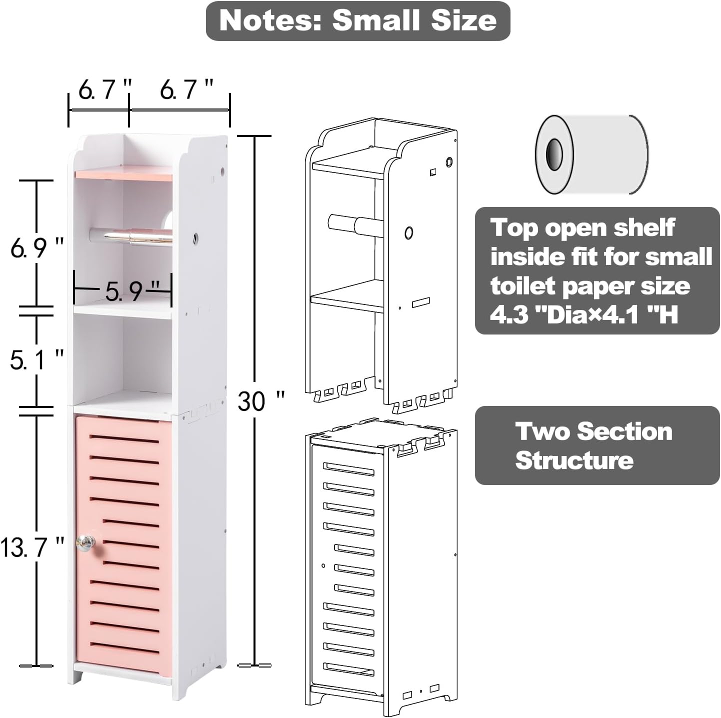 AOJEZOR Toilet Paper Holder Stand: Small Bathroom Storage Cabinet - Rose Dawn - White