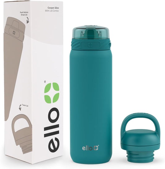 Ello Cooper 22oz Stainless Steel Water Bottle with 2 Lids Chug and Straw | Leak Proof Double Walled and Vacuum Insulated | Fits Car Cupholder | Built in Carry Loop | Dishwasher Safe | Antigua