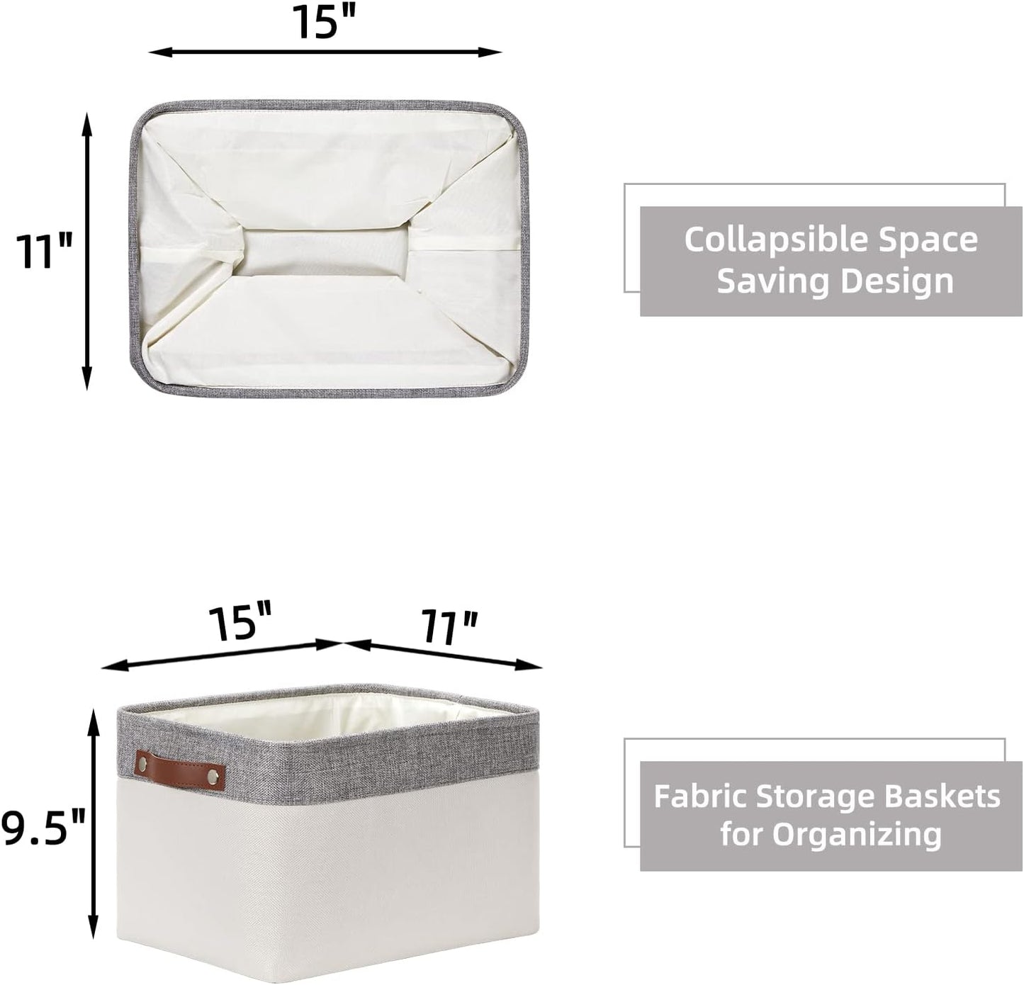HNZIGE Large Storage Baskets for Shelves(3 Pack) Fabric Storage Toy Baskets with Handles, Decorative Foldable Storage Bins for Organizing (Gray&White-Leather Handles, 15"x11"x9.5")