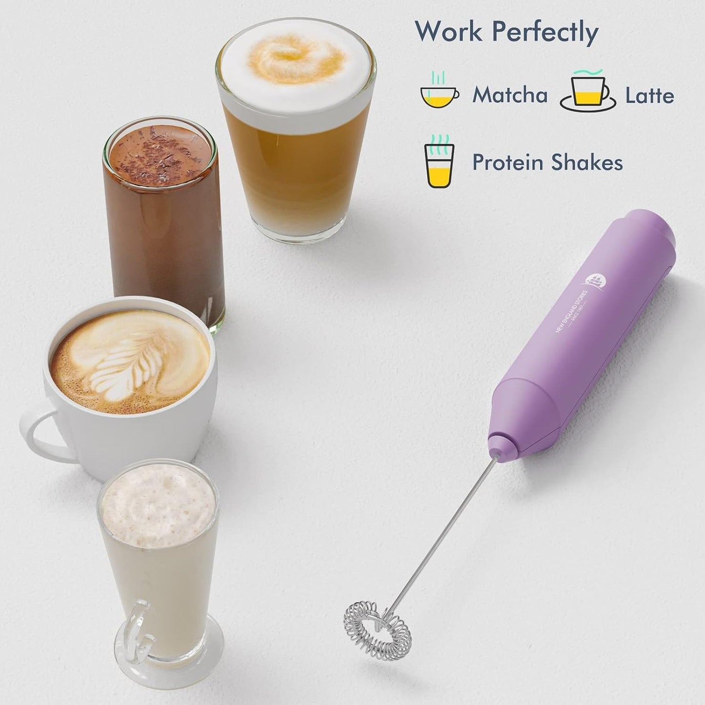 Powerful Milk Frother Handheld Foam Maker, Mini Whisk Drink Mixer for Coffee, Cappuccino, Latte, Matcha, Hot Chocolate, With Stand, Light Purple