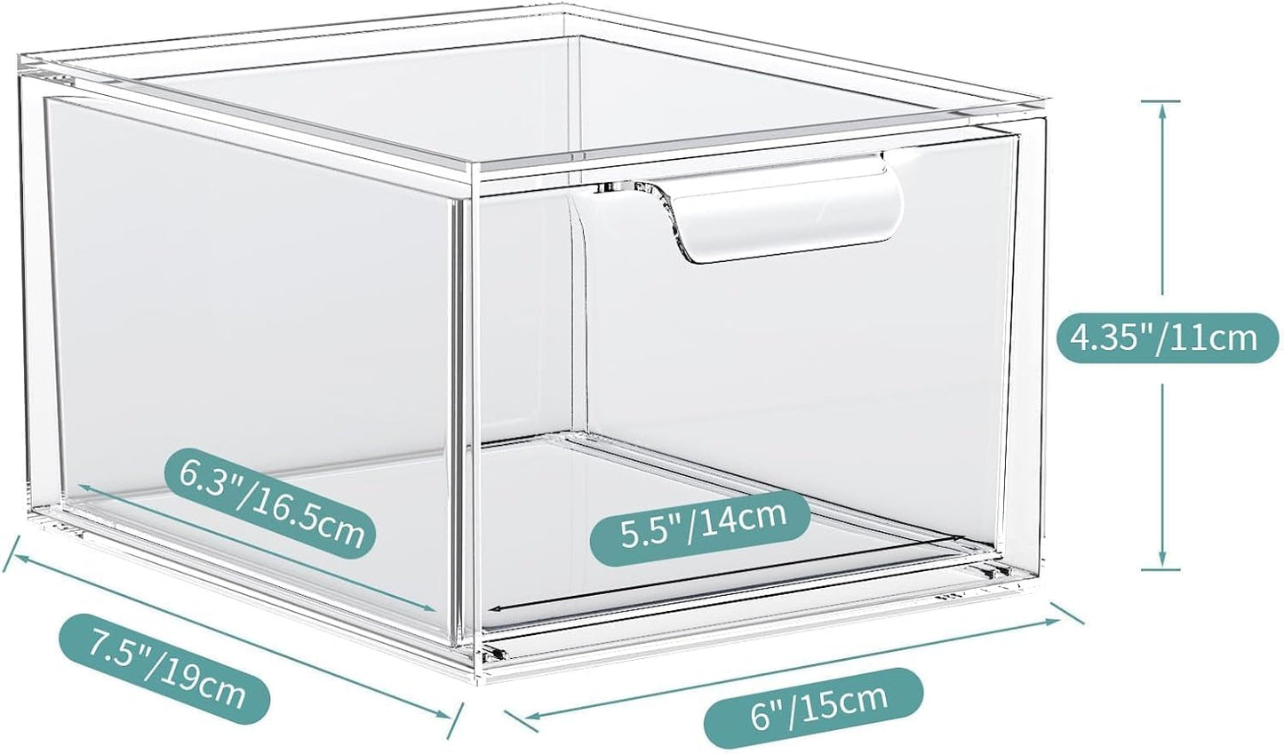 2 Pack Stackable Makeup Organizer and Storage, Acrylic Organizers，Clear Plastic Storage Drawer with Handles for Vanity, Undersink, Kitchen Cabinets, Pantry