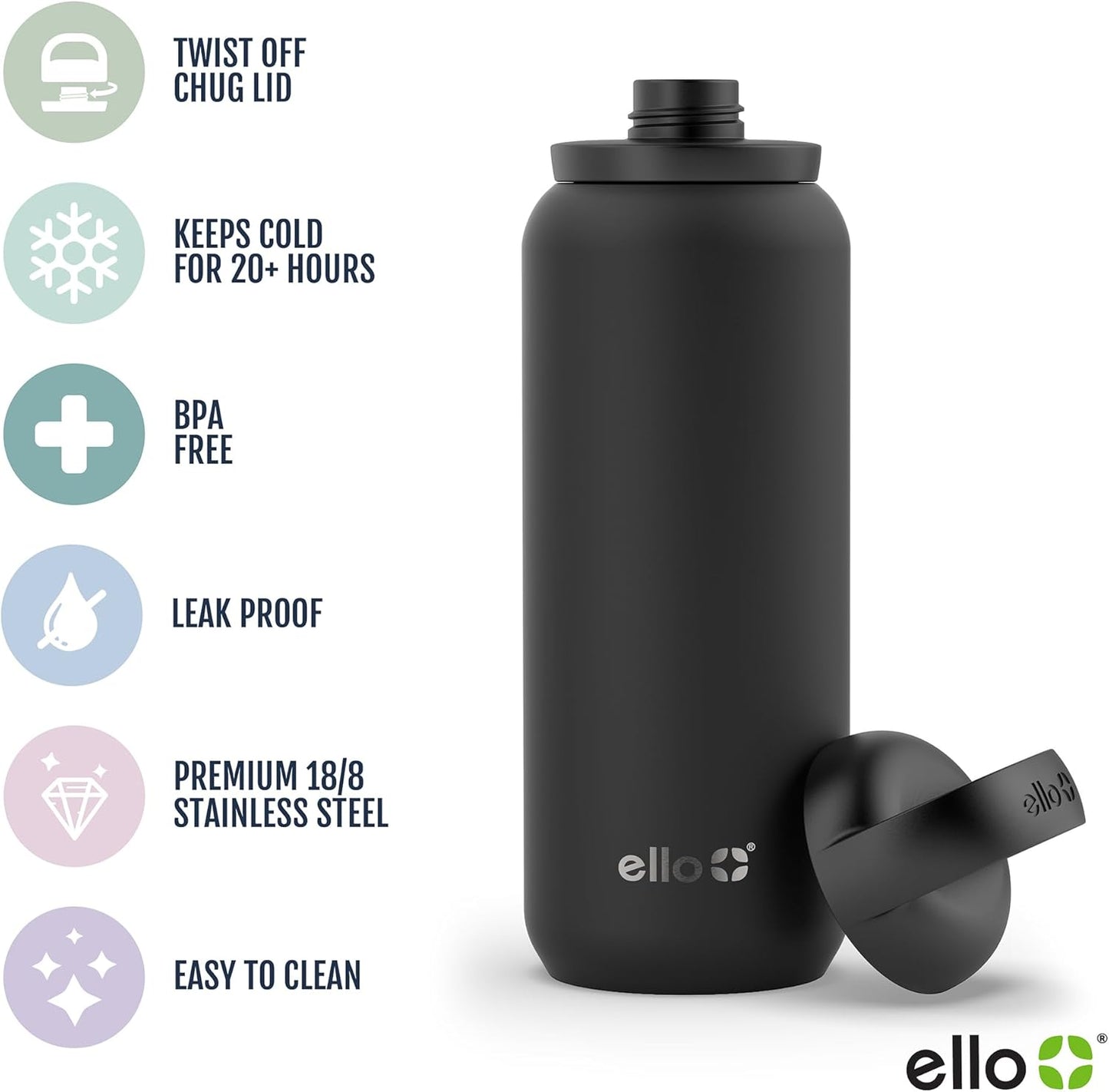 Ello Cooper Twist 22oz Stainless Steel Water Bottle with Chug Lid | Leak Proof Double Walled and Vacuum Insulated | Fits Car Cupholder | Built in Carry Loop | Dishwasher Safe | Antigua