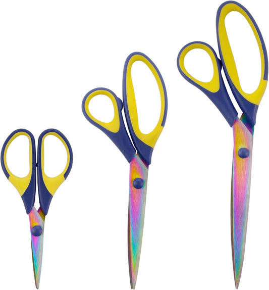 BambooMN Titanium Softgrip Scissors Set for Sewing, Arts, Crafts, Office - Blue w/Yellow - 3 Sets of 3