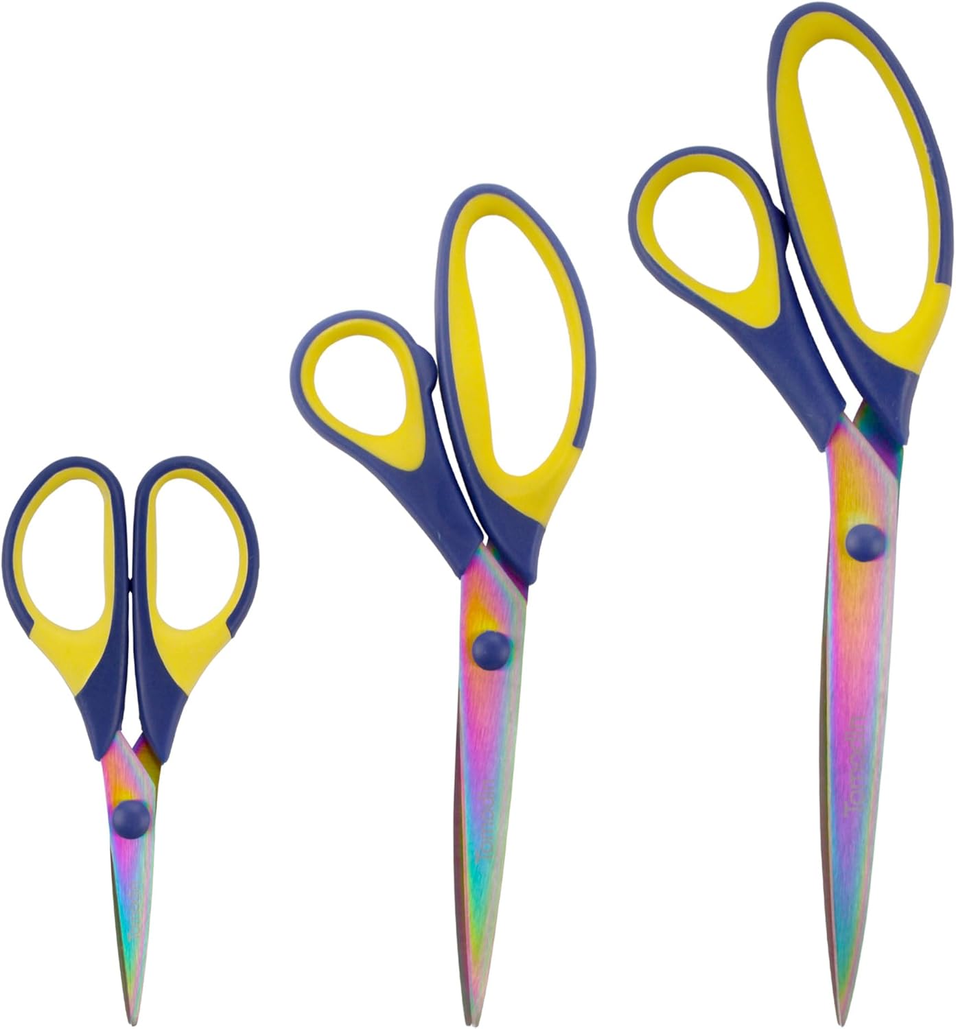 BambooMN Titanium Softgrip Scissors Set for Sewing, Arts, Crafts, Office - Blue w/Yellow - 1 Set of 3