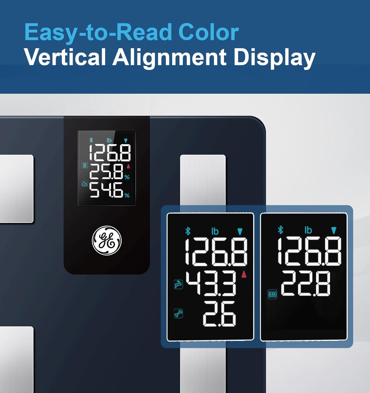 GE Smart Scale for Body Weight BMI Fat Muscle Mass with 14 Body Composition Metrics & All-in-one LCD Display, Digital Bathroom Weight Scales Bluetooth with App, Accurate Weighing Machine 400 lbs