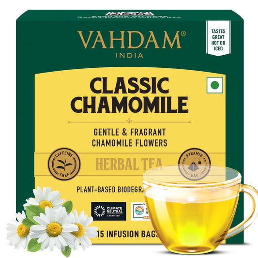 VAHDAM, Chamomile Herbal Tea Bags (15 Count) Caffeine Free, Non GMO, Gluten Free | 100% Pure Herbal Tisane - Sweet & Floral | Whole Leaf Tea Bags | Resealable Ziplock Pouch