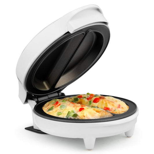 Holstein Housewares Stainless Steel 2 Section Omelet & Frittata Maker, Non Stick Coating, Easy To Clean, Indicator Lights, Compact Storage, Prepare Versatile Recipes in Minutes. 2 Portions, White