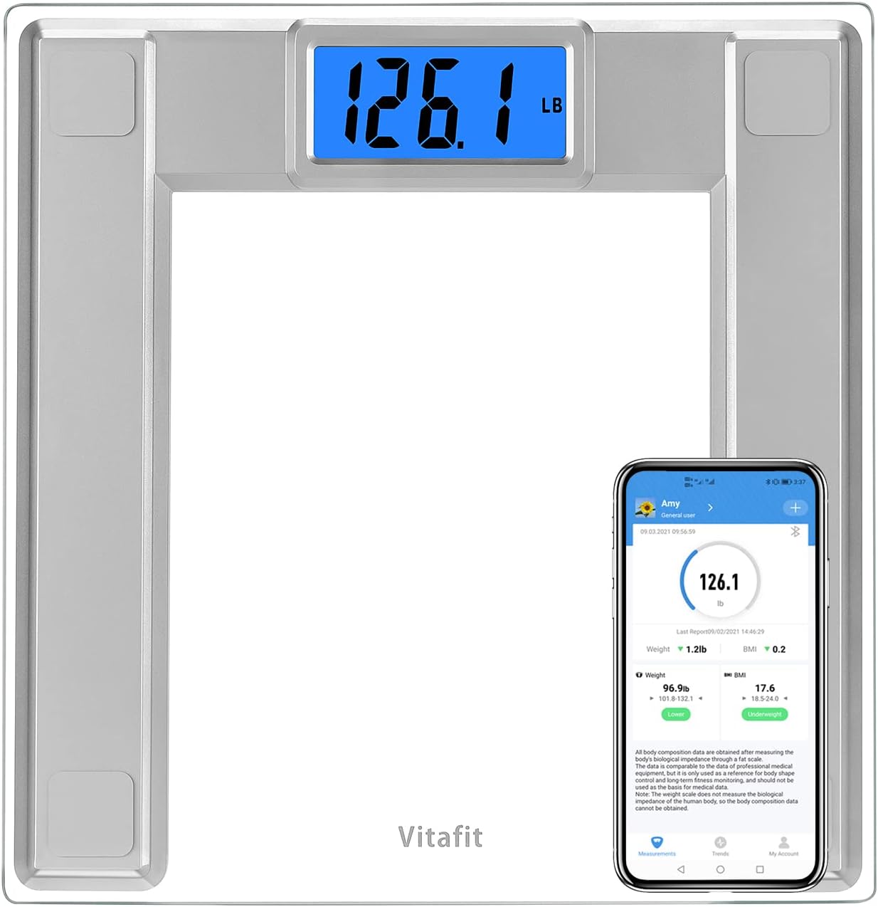 Vitafit 550lb Digital Bathroom Scale for Body Weight and BMI Via Smart APP, High Accuracy Assured by Weighing Professional Since 2001, 8mm Tempered Glass, Extra Large Blue Backlit LCD, Silver
