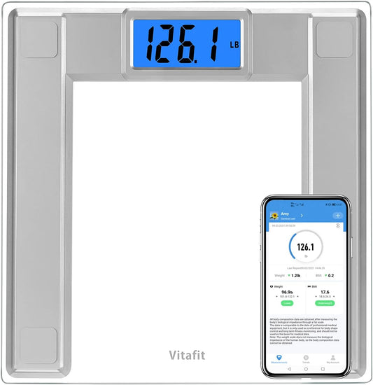 Vitafit 550lb Digital Bathroom Scale for Body Weight and BMI Via Smart APP, High Accuracy Assured by Weighing Professional Since 2001, 8mm Tempered Glass, Extra Large Blue Backlit LCD, Silver