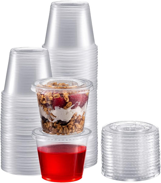 Portion Cups with Lids (5.5 Ounces, 100 Pack) | Disposable Plastic Cups for Meal Prep, Portion Control, Salad Dressing, & Medicine | Small Plastic Condiment Container