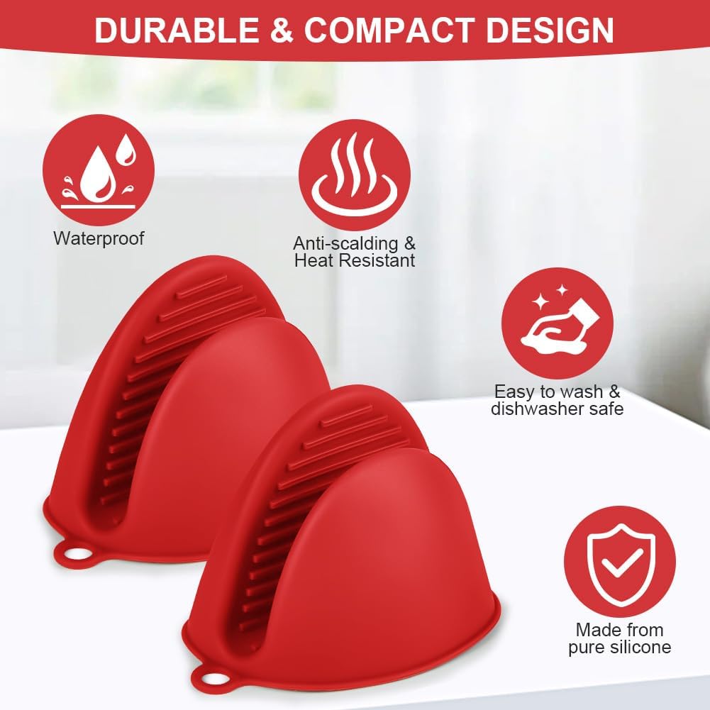 AUAUY 1 Pair Mini Silicone Oven Mitts, Heat Resistant Pot Holders Mitts, Cute Oven Pinch Grip Gloves, Small Potholders for Kitchen, Air Fryer Mitts Pair for Cooking, Baking and Grilling (Red)