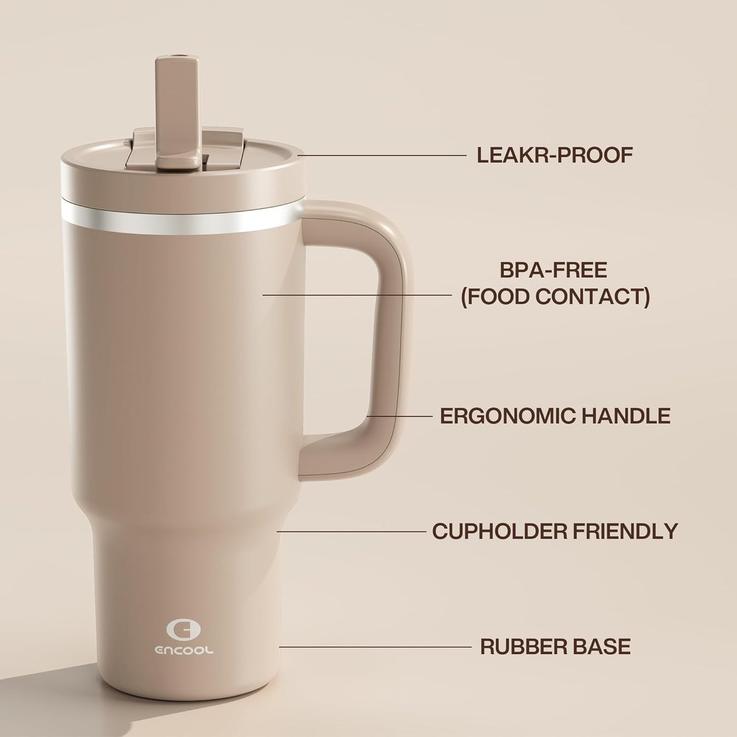ENCOOL 32 oz Tumbler with Handle and Straw: Stainless Steel Insulated Tumbler Keeps Cold for 24 Hours, Leakproof Travel Cup Fits in Cup Holder and BPA-Free,Raw Umber