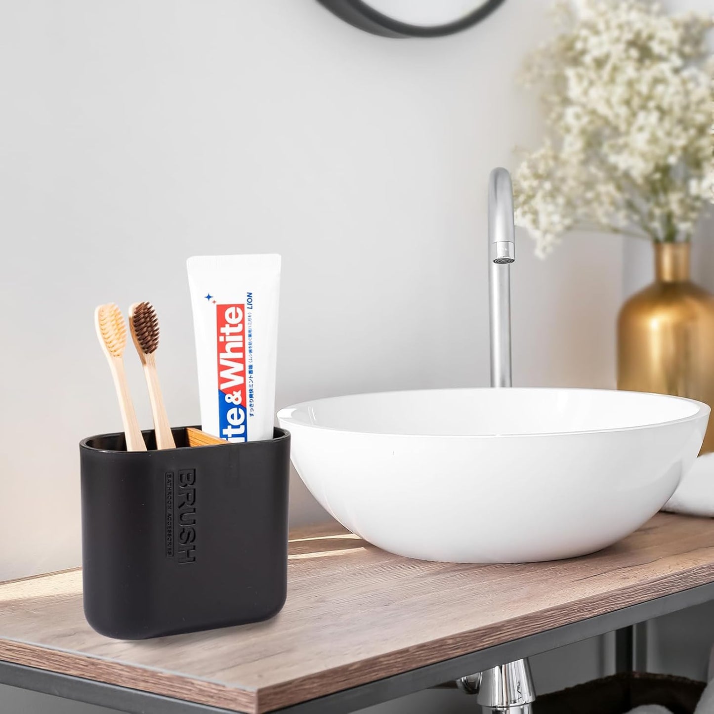 Toothbrush Holders Bamboo Electric Toothbrush Holder Bathroom Storage Organizer Countertop for Toothpaste, Floss, Razor, Black