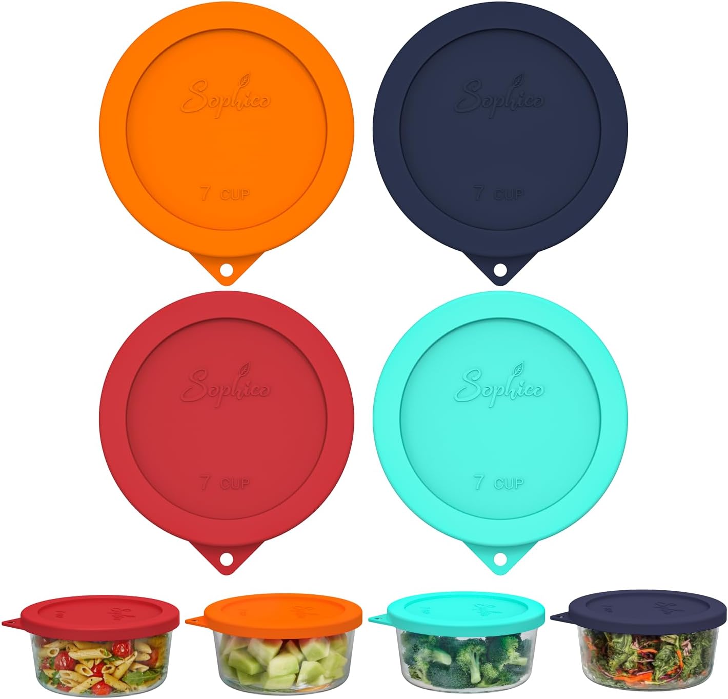 Sophico Sophico Round Silicone Storage Cover Lids Replacement for Anchor Hocking and Pyrex 7402-PC 6/7 Cup Glass Bowls (Container not Included) (MIX-4 pack)