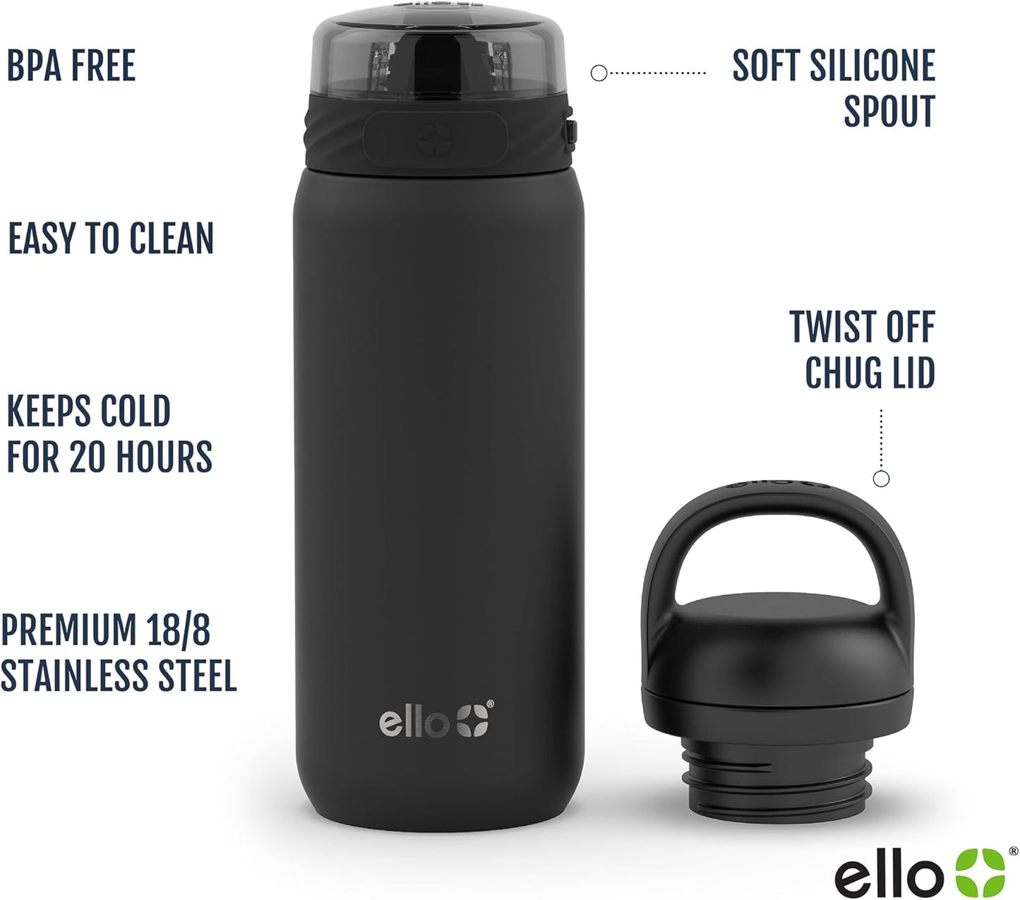 Ello Cooper 18oz Kids Stainless Steel Water Bottle with 2 Lids Chug and Straw | Leak Proof Double Walled and Vacuum Insulated | Fits Car Cupholder | Built in Carry Loop | Dishwasher Safe |White Marble