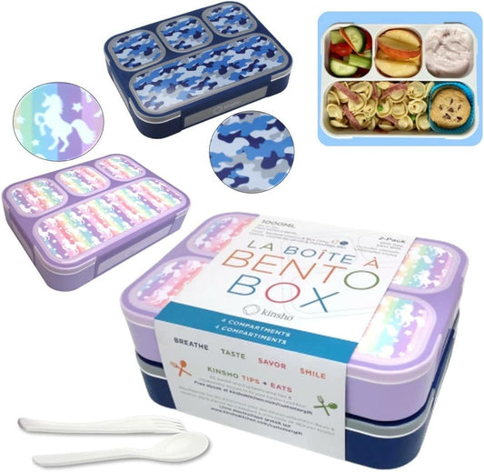 kinsho Bento-Box Lunch-Box Kids, Meal Boxes and Snack Containers for Boys & Girls for School, Includes Utensils, BPA Free (Purple Rainbow Unicorn + Blue Black Camo, 2 Pack Set)