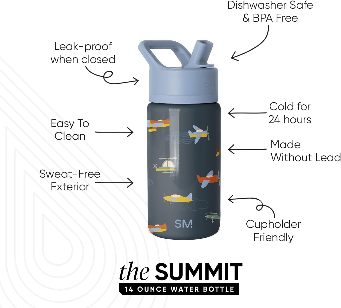 Simple Modern Kids Summit Water Bottle with Straw Lid | 14oz Stainless Steel Cup Insulated Tumbler for Toddlers, School | Wheels Up