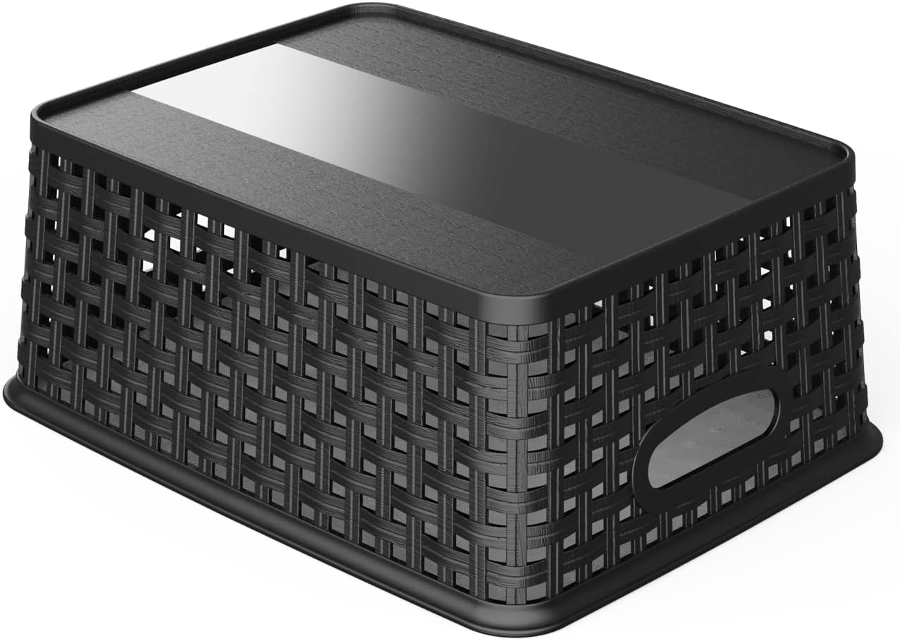 WYT Woven Storage Organizer Basket, 6-Pack Black Plastic Weave Baskets, 10.1 x 7.55 x 4.1