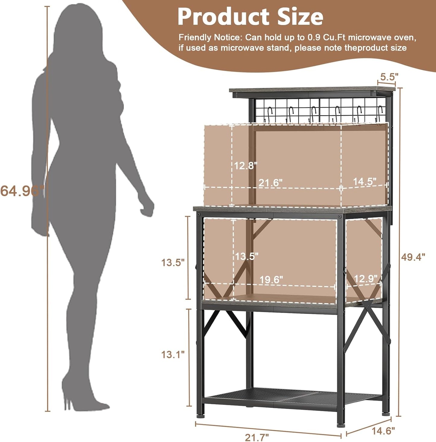 Furologee Kitchen Bakers Rack, Microwave Stand with Storage 4 Tiers, Coffee Bar Station with 6 S Hooks and Pegboard, Kitchen Shelves Rack for Spices, Pots, Black Oak